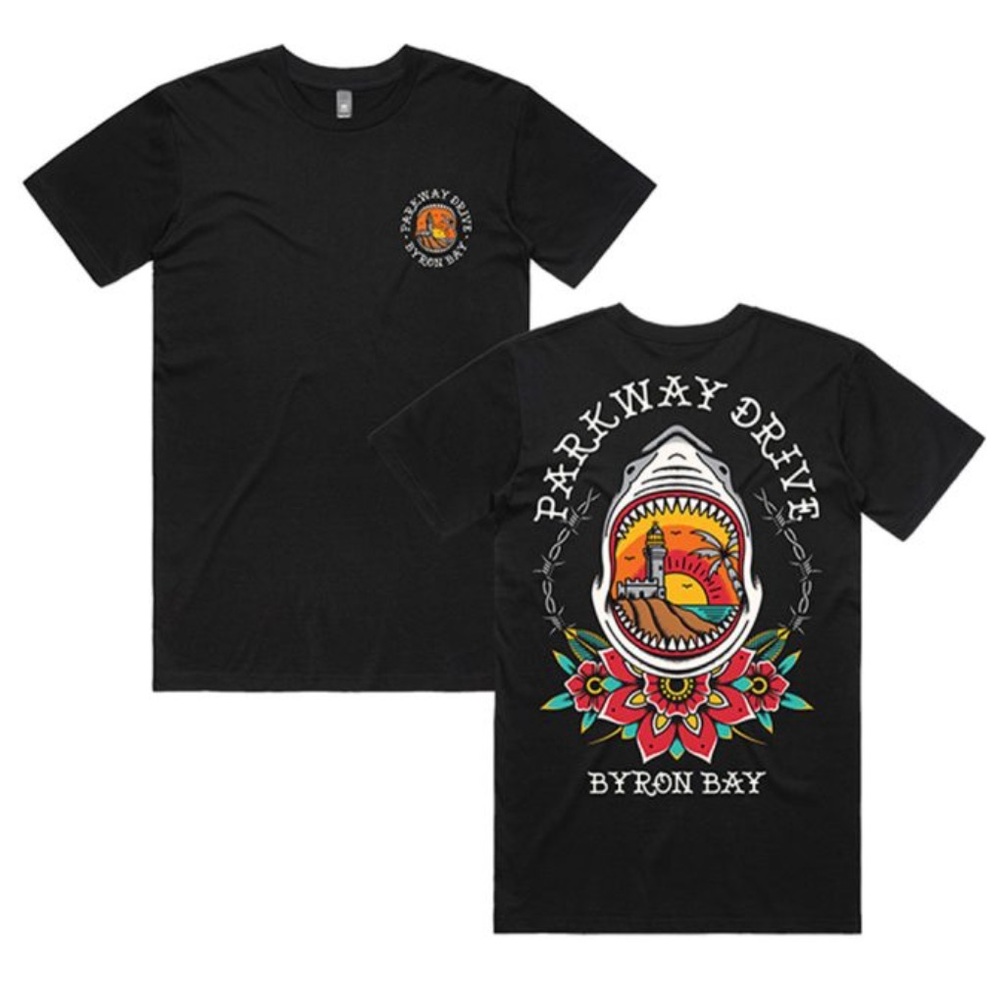 Parkway Drive Byron Bay Shark Lighthouse Graphic Black T-Shirt